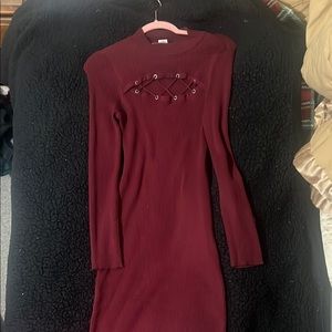 Burgundy Long Sleeve Dress with Lace-Up Detail